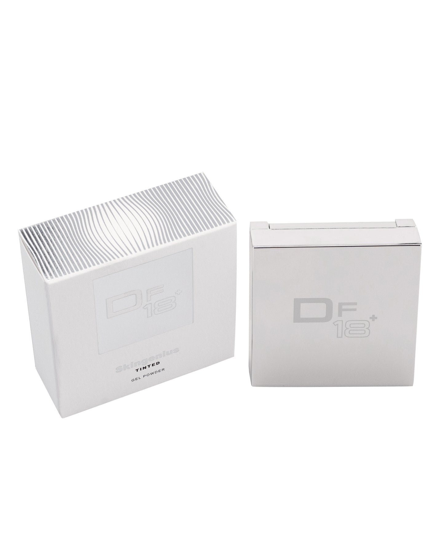 DF18+ Skingenius Tinted Gel Powder, the skin perfector with a second-skin effect, shown in its pack.