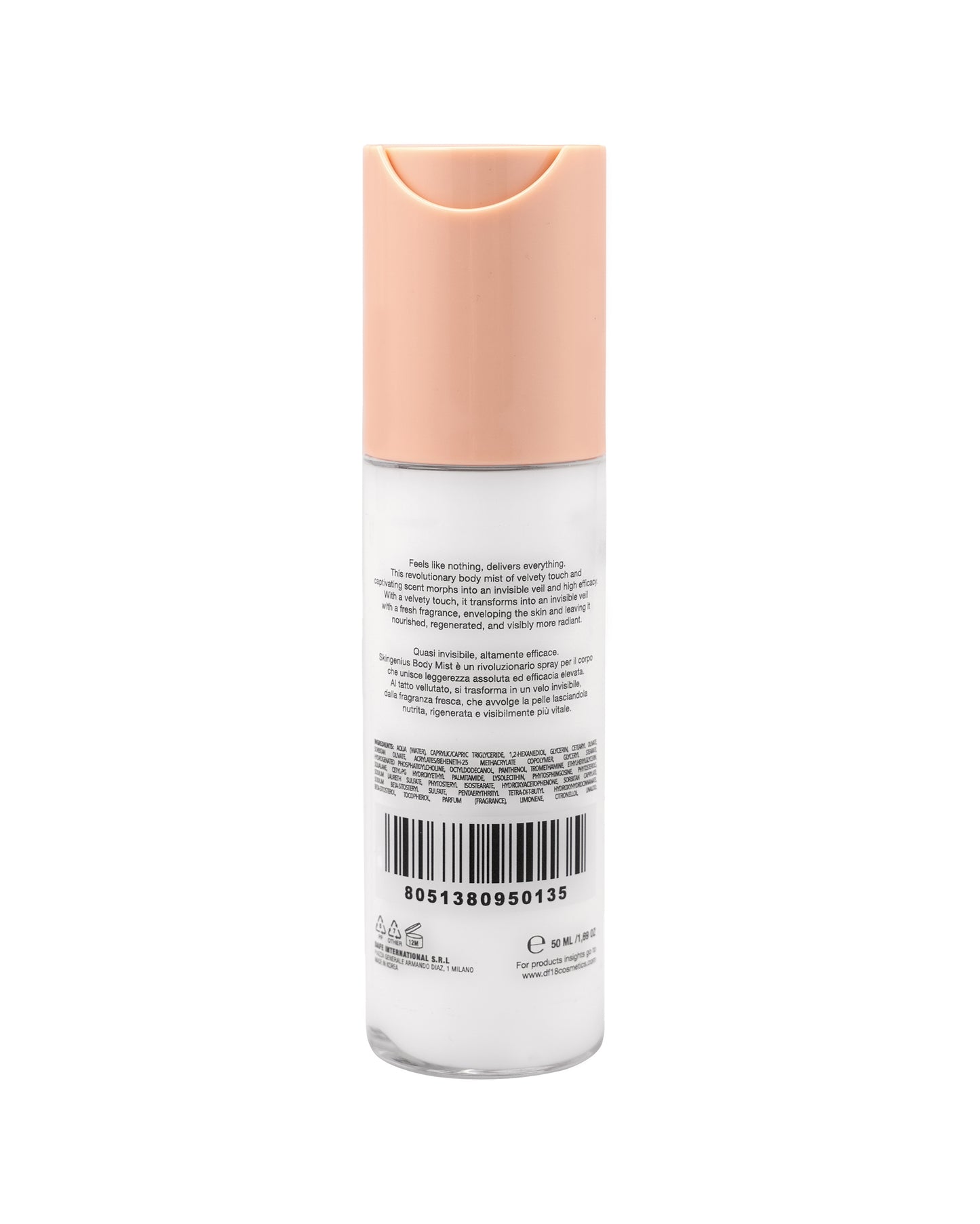 DF18+ Skingenius Body Mist. Hydrating body spray. Ingredients.