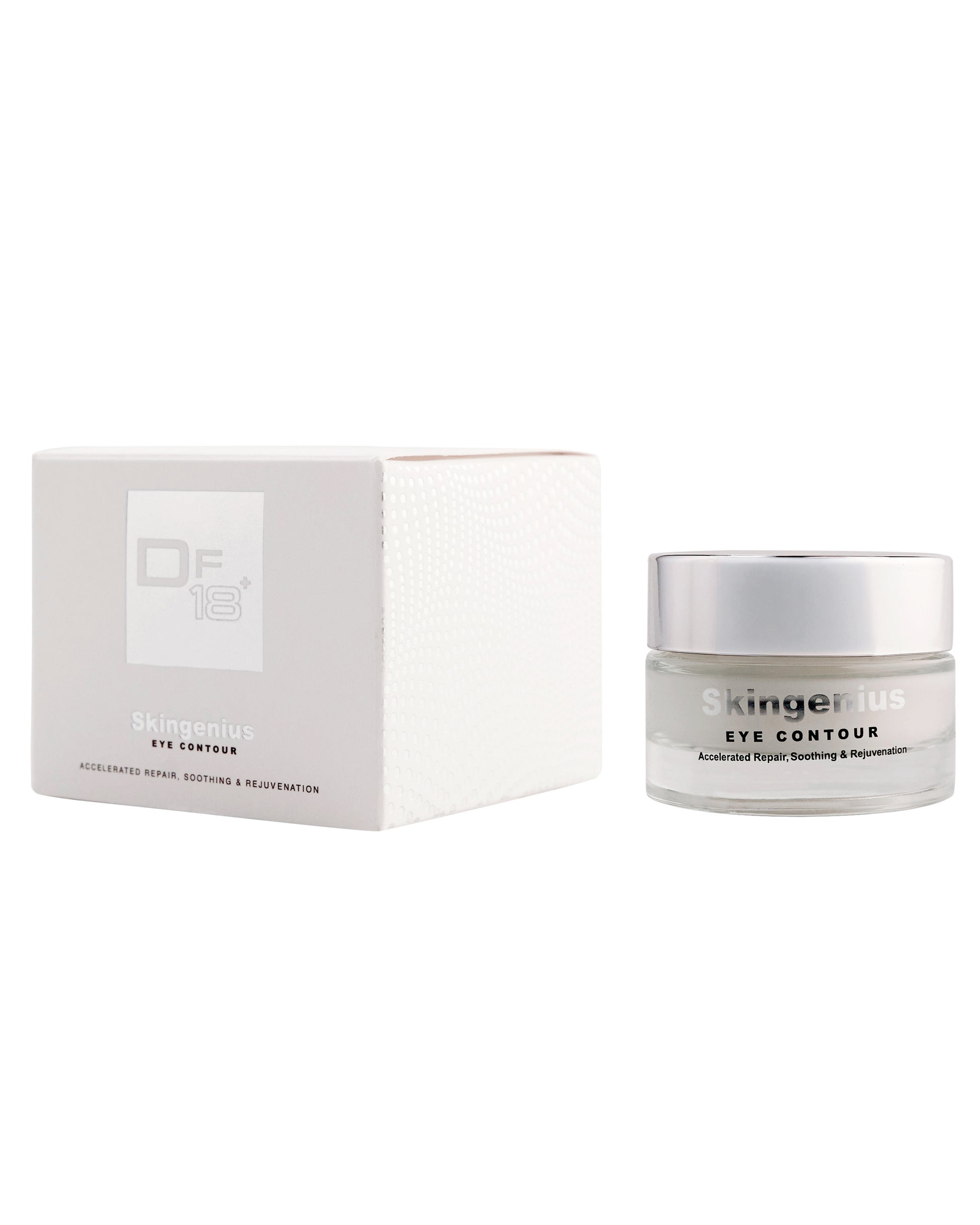 DF18+ Skingenius Eye contour, the firming and soothing eye cream shown with its jar and pack.