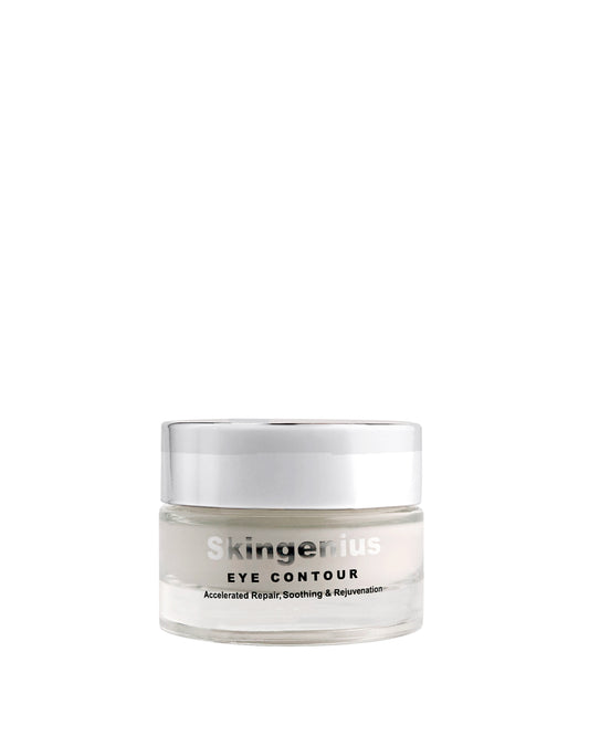 DF18+ Skingenius Eye contour, the firming and soothing eye cream by DF18+ Cosmetic showns with its jar.
