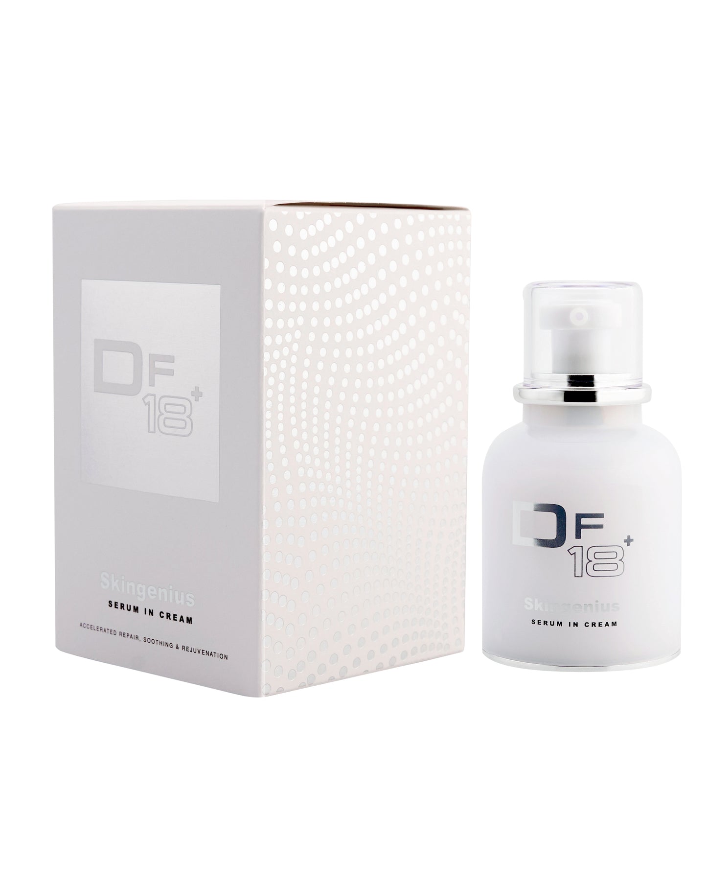Flacone e pack dell'iconico DF18+ Skingenius Serum in Cream, il siero viso elasticizzante e tonificate.