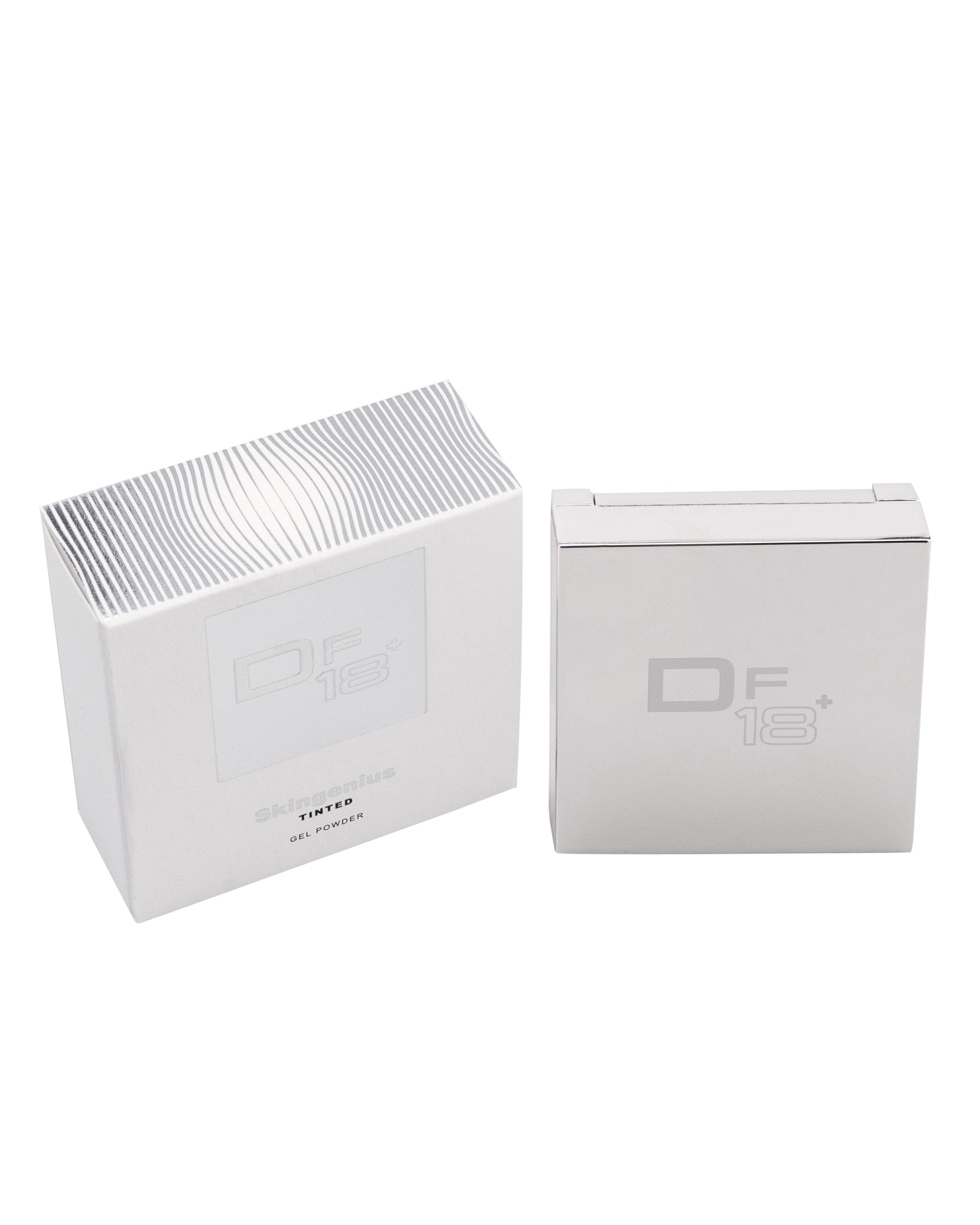 DF18+ Skingenius Tinted Gel Powder, the skin perfector with a second-skin effect, shown in its pack.