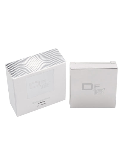 DF18+ Skingenius Tinted Gel Powder, the skin perfector with a second-skin effect, shown in its pack.