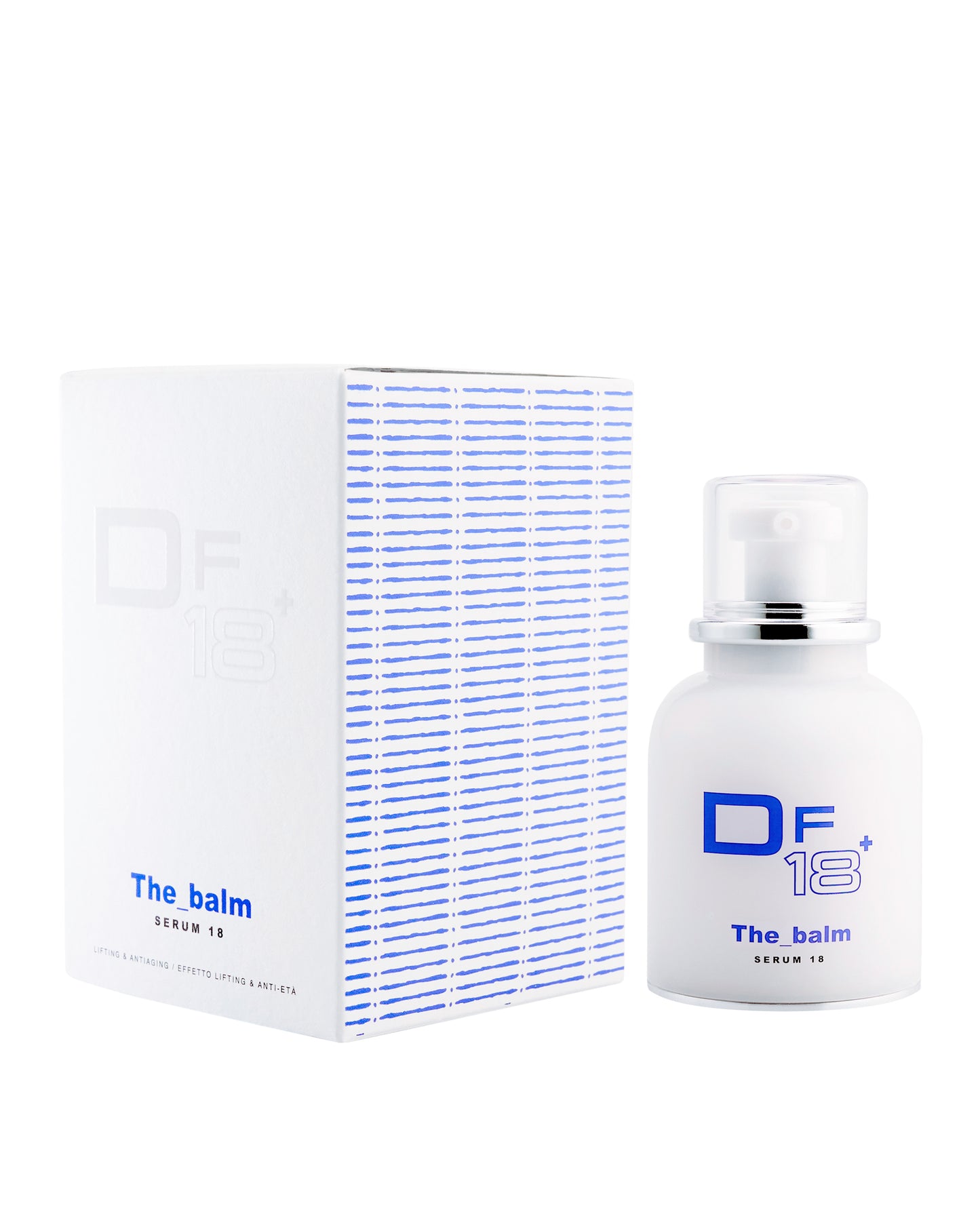 The Balm, DF18+ plumping serum for instant lift, shown with its product bottle and pack.