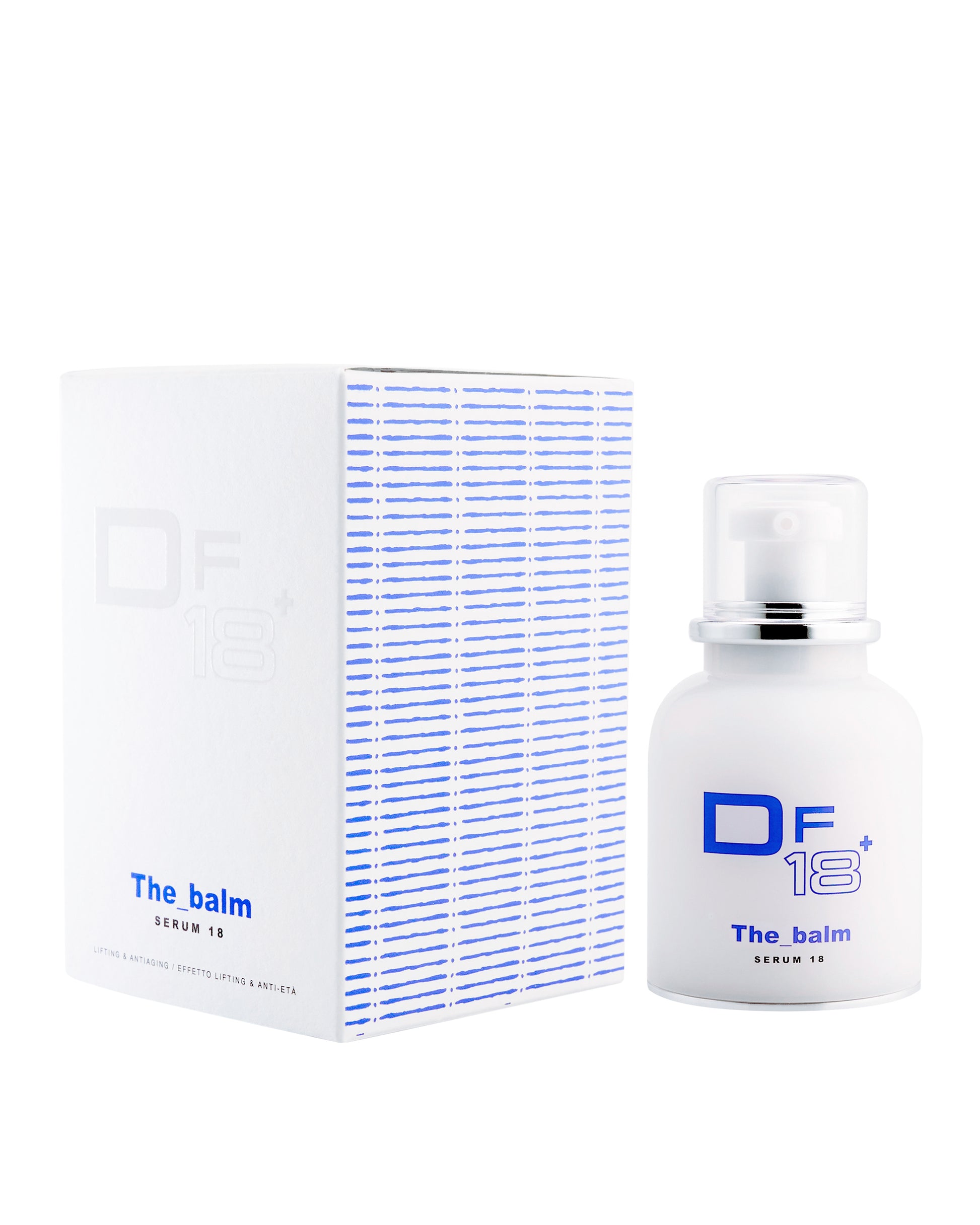 The Balm, DF18+ plumping serum for instant lift, shown with its product bottle and pack.
