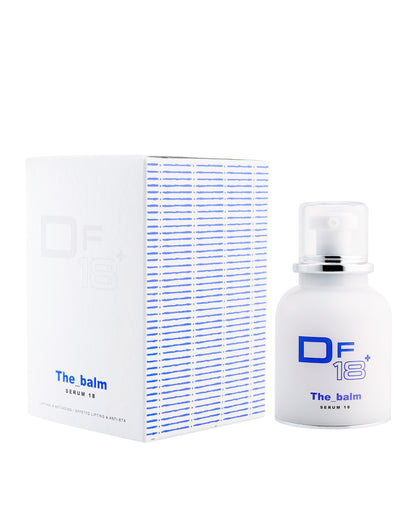 The Balm, DF18+ plumping serum for instant lift, shown with its product bottle and pack.
