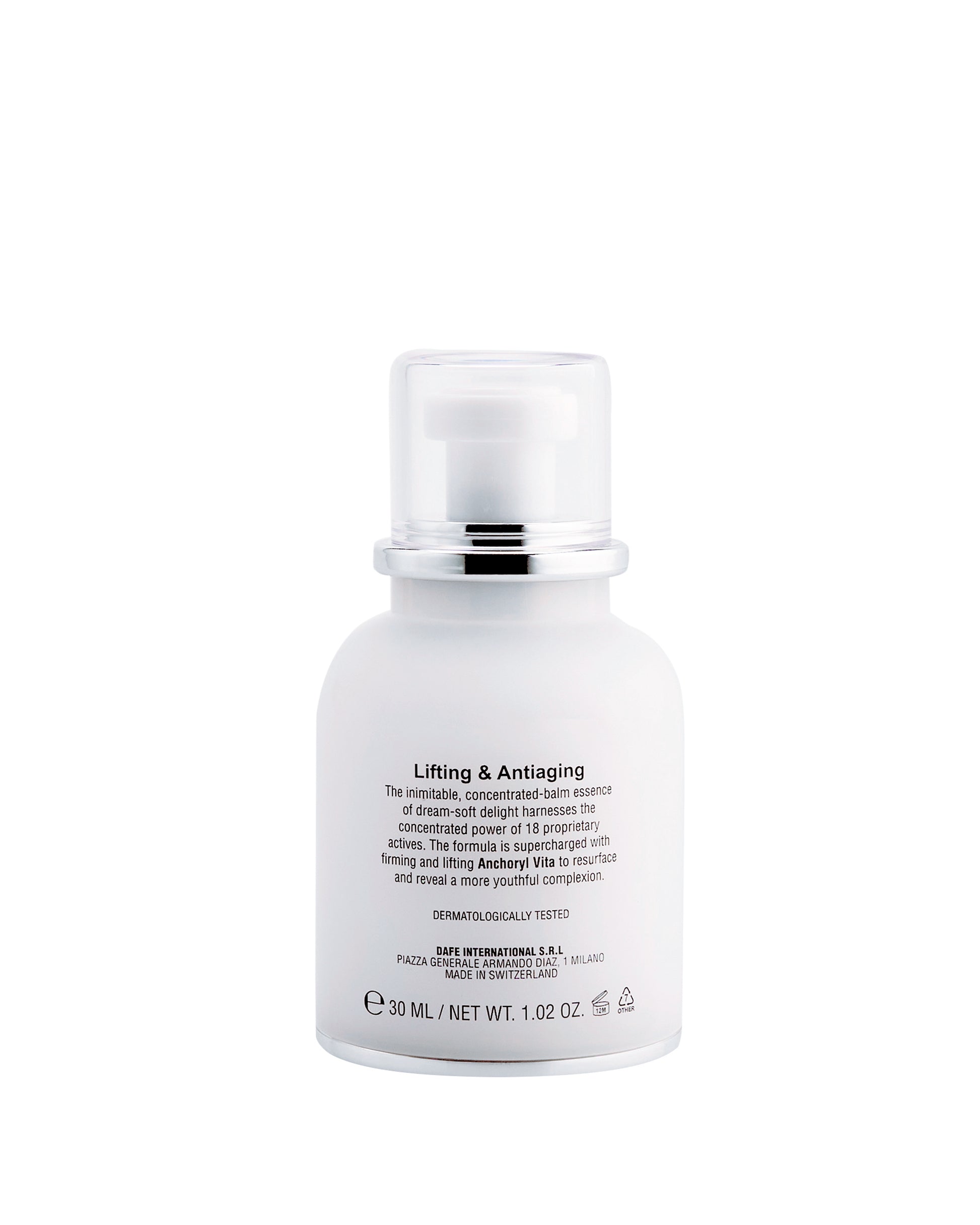 Flacone di The Balm, il siero viso rimpolpante di DF18+ a effetto lifting immediato.
