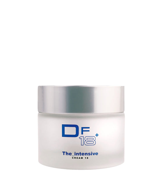 The Intensive, the DF18+ anti-aging cream, shown with its product jar. Nourishing and moisturizing.