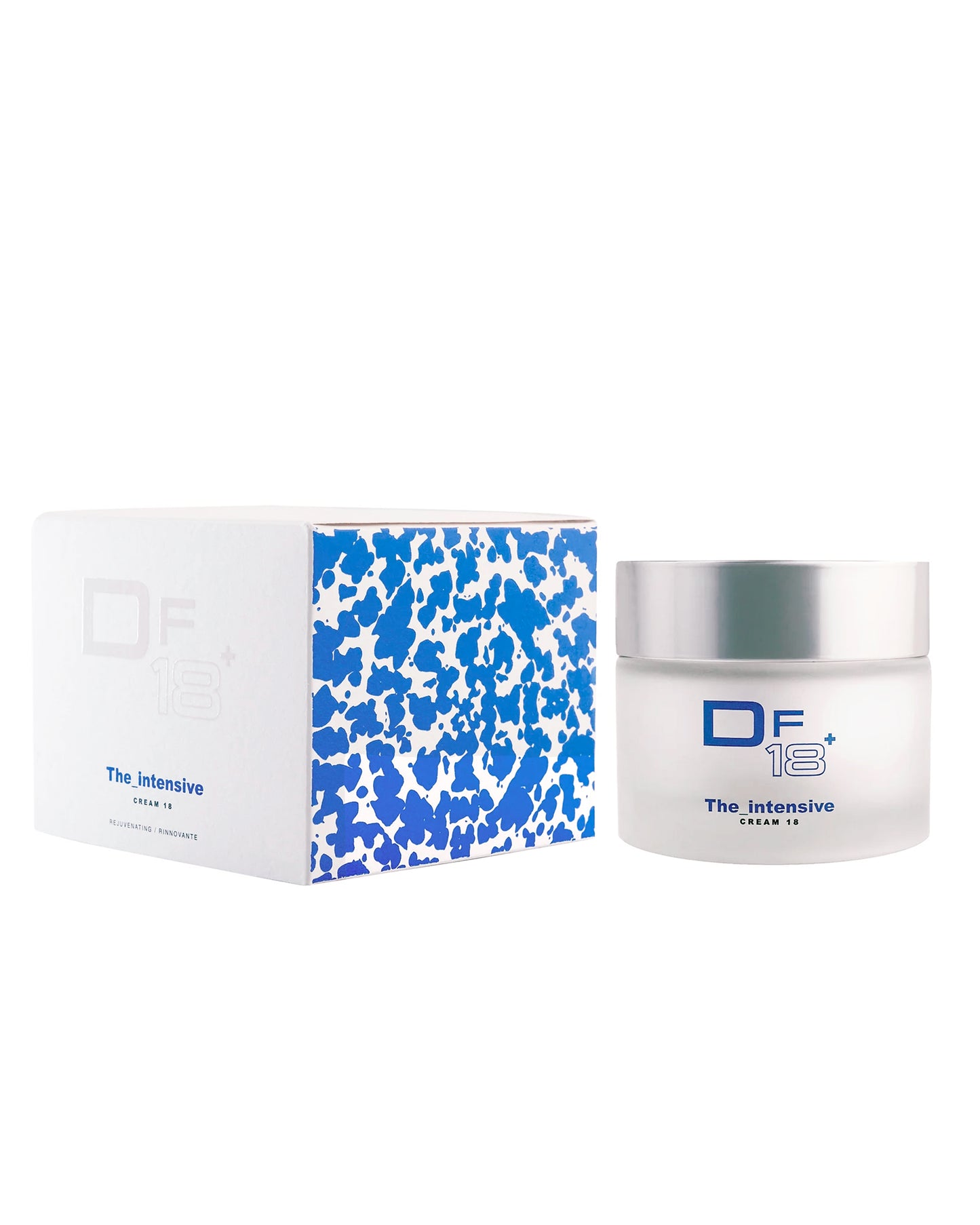 The Intensive, the DF18+ anti-aging cream, shown with its product jar and pack. Nourishing and moisturizing.