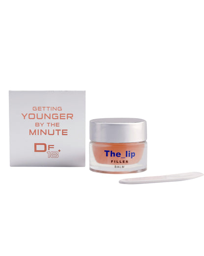 The Lip Filler, the iconic lip balm, mask and gloss by DF18+, shown with its jar and pack.