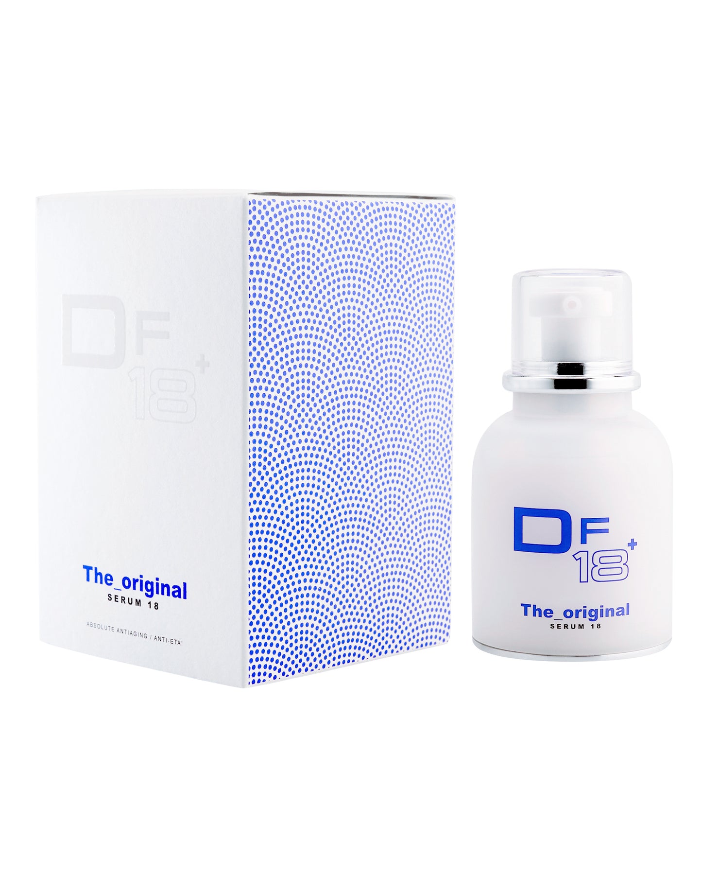 The Original, the DF18+ anti-aging serum, shown with its product bottle and pack.