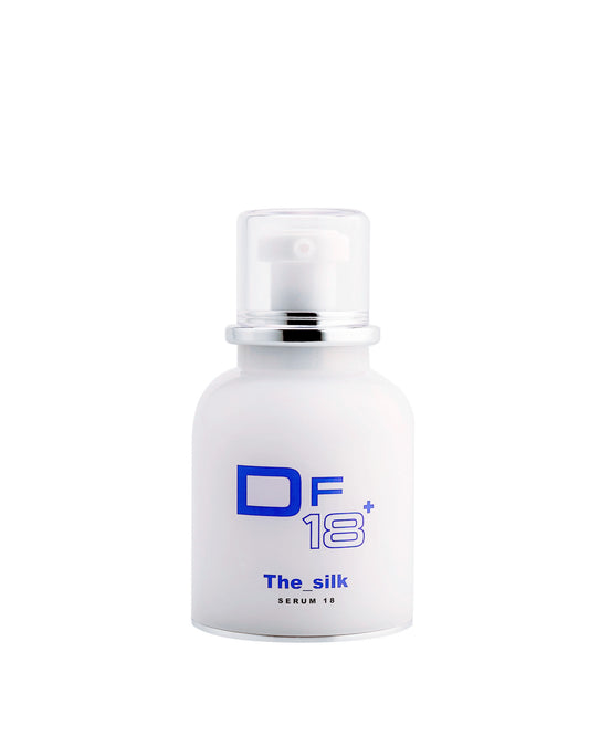 The Silk, DF18+ brightening serum for dull skin, shown with its product bottle.