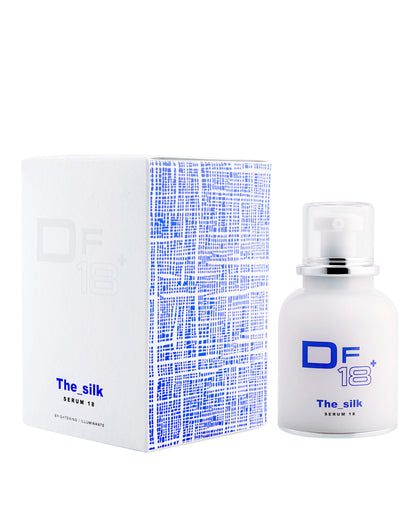The Silk, DF18+ brightening serum for congested skin, shown with its product bottle and pack.
