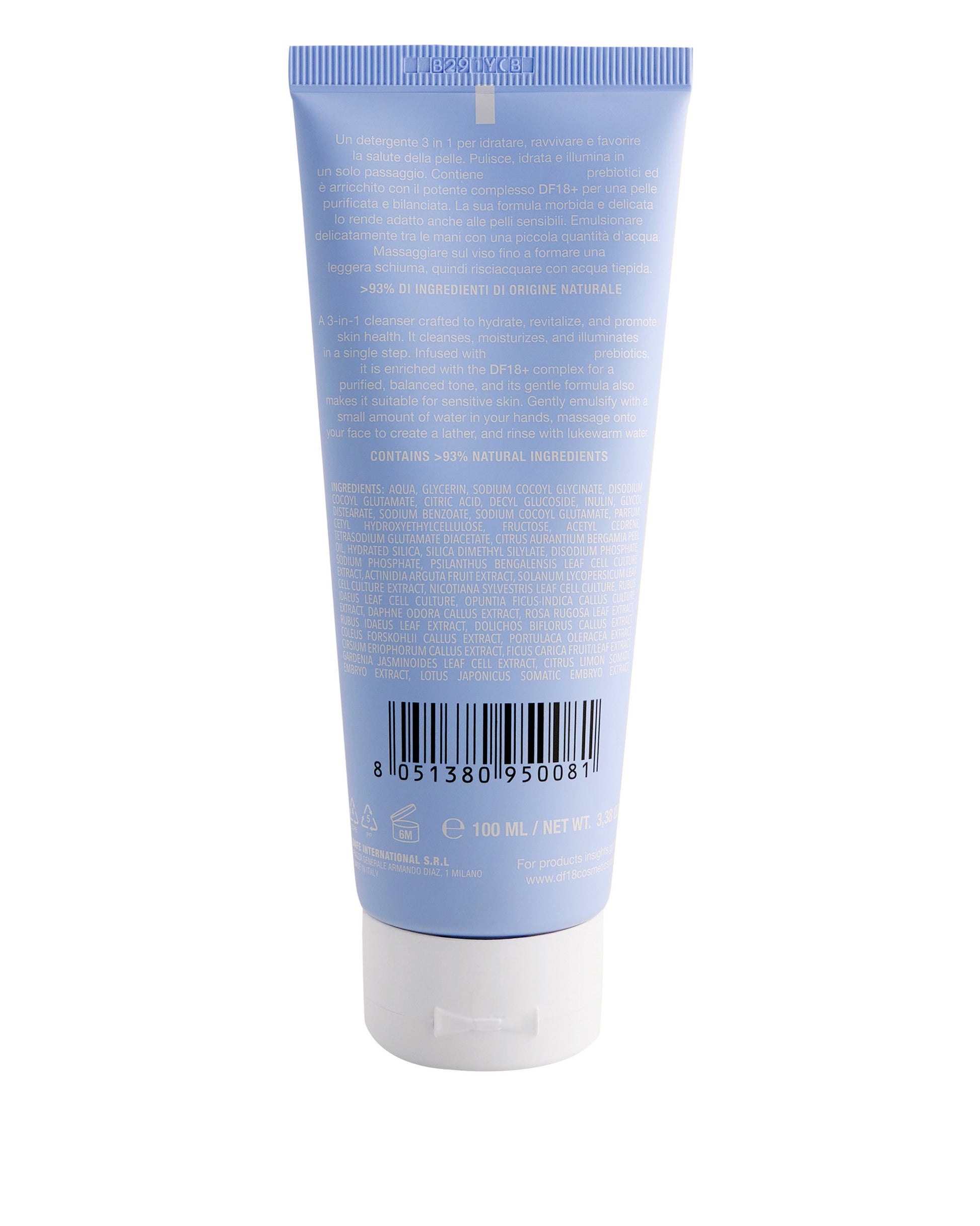 Ingredienti sul flacone di The Softening, il detergente viso idratante in crema di DF18+ purificante e idratante.