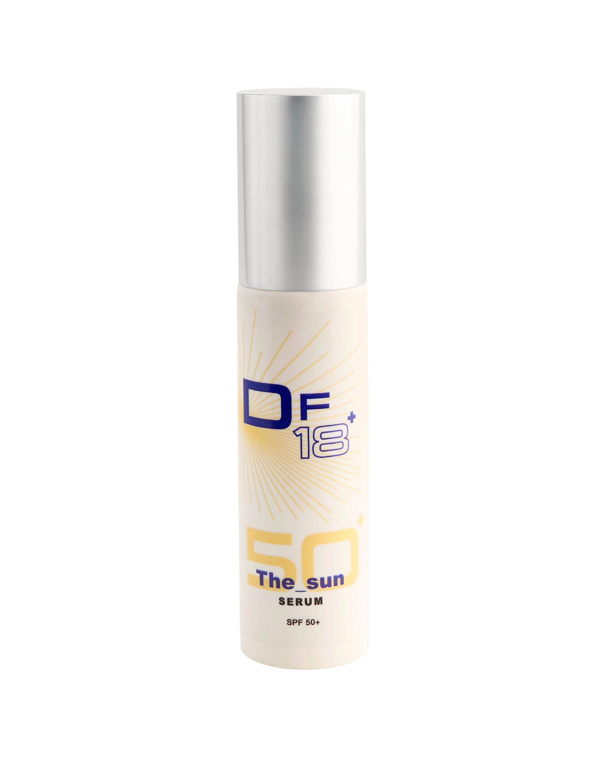 The Sun, DF18+ face sunscreen serum with SPF 50+, shown with its product bottle.