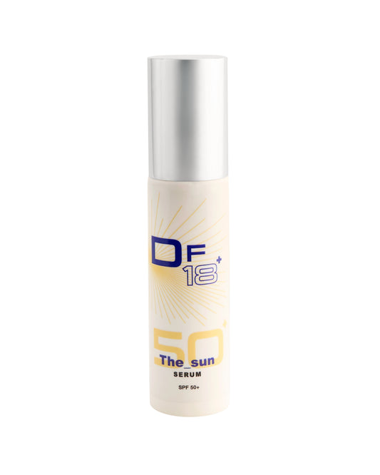 The Sun, DF18+ face sunscreen serum with SPF 50+, shown with its product bottle.