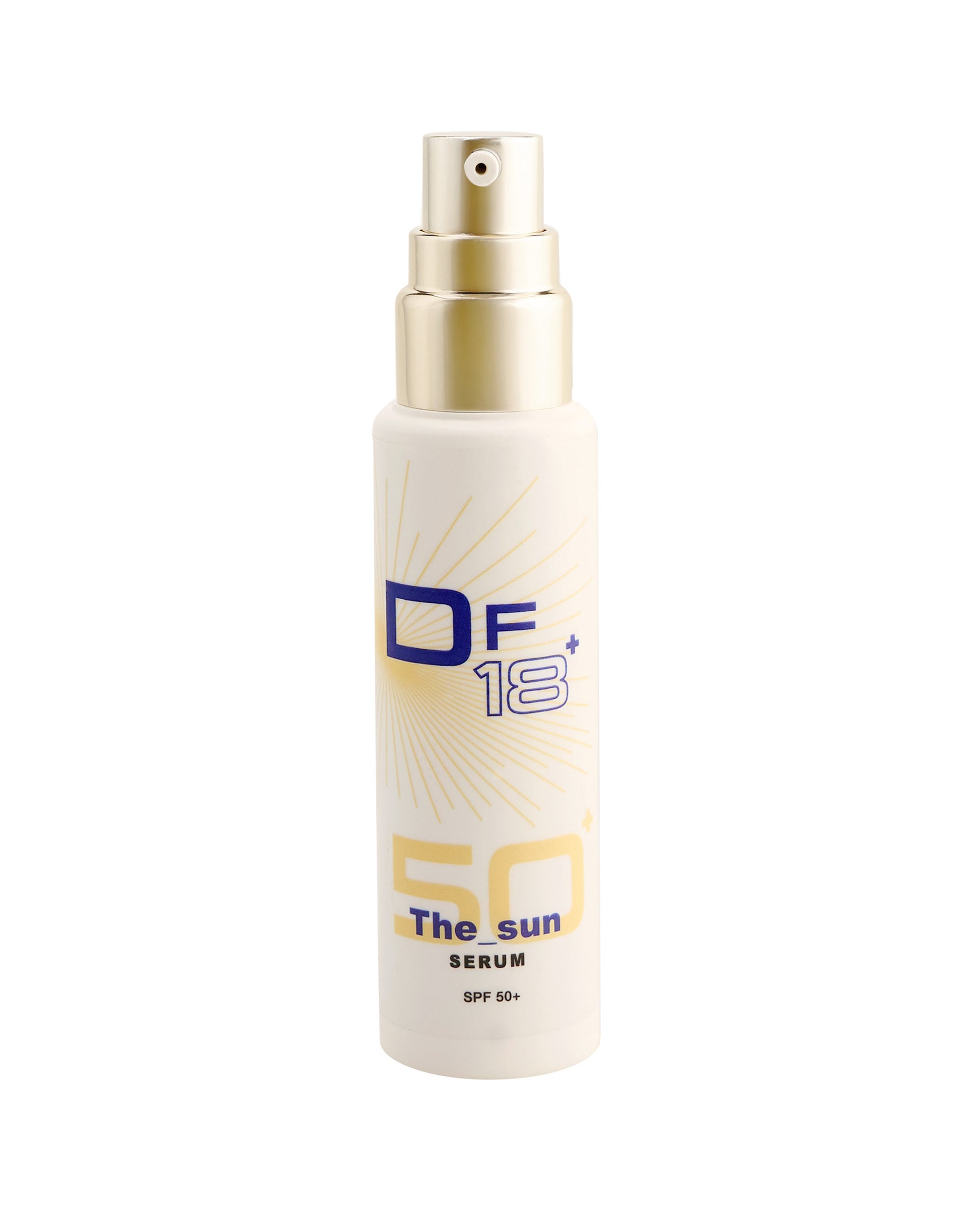 Foto del flacone di The Sun, il siero SPF viso	con protezione 50+ di DF18+.