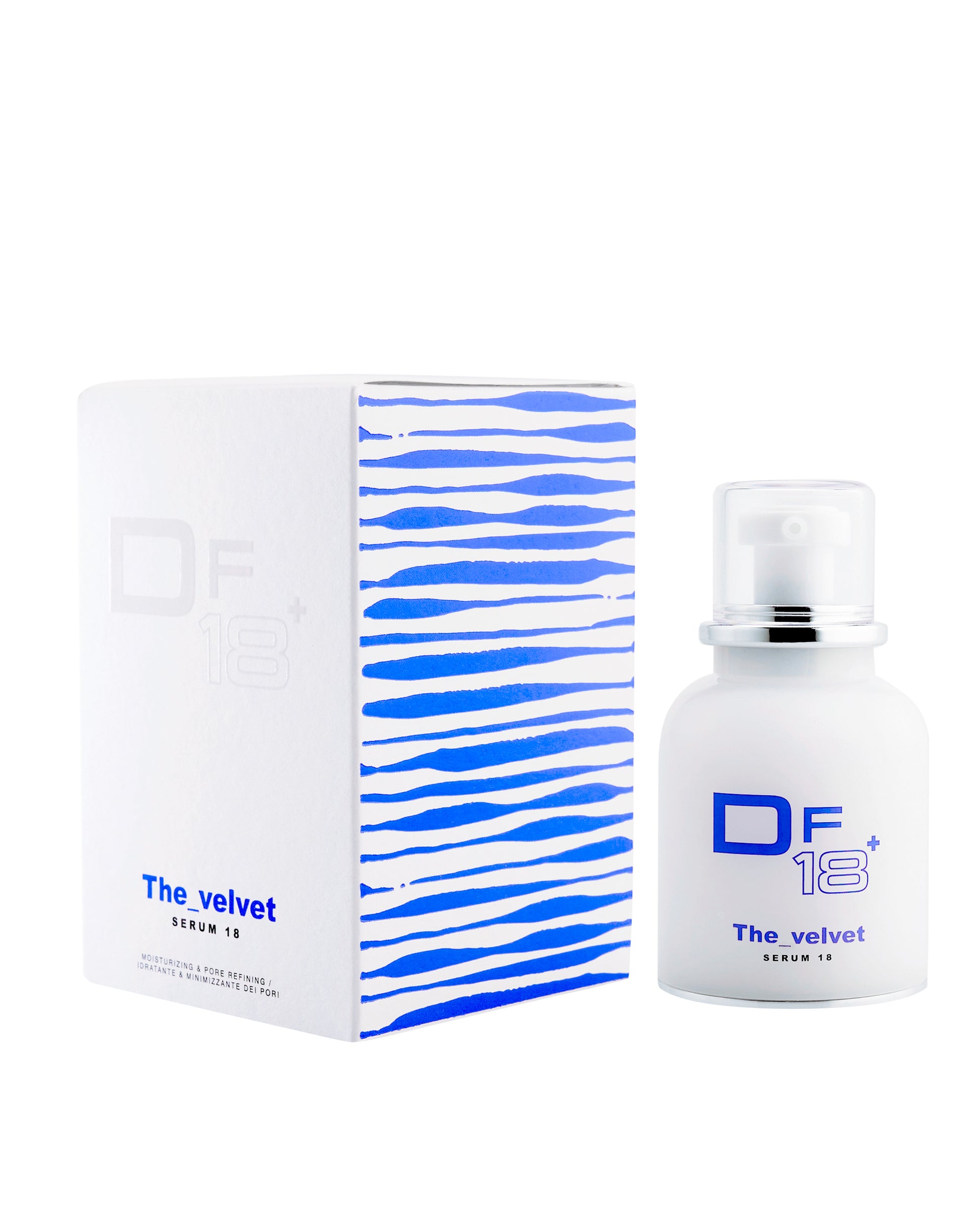 The Velvet, DF18+hydrating and pore minimizing serum, shown with its product bottle and pack.