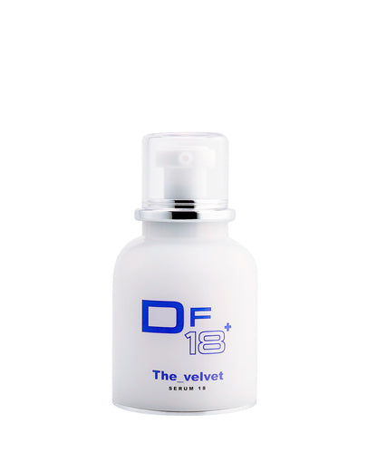 The Velvet, DF18+hydrating and pore minimizing serum, shown with its product bottle.

