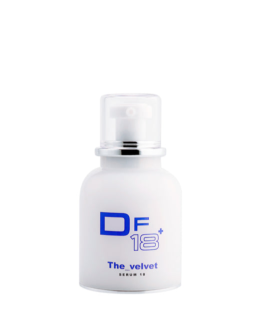 The Velvet, DF18+hydrating and pore minimizing serum, shown with its product bottle.
